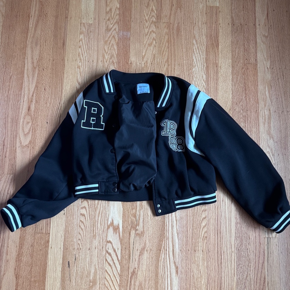 WORN TWICE Black Varsity Jacket with White Stripes